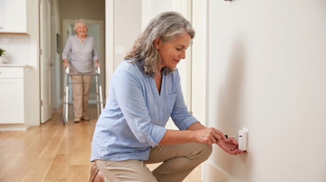 Senior woman kneeling to plug a smart home device into a wall outlet