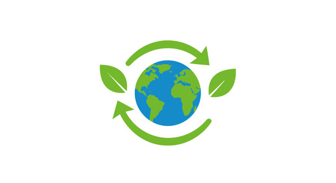 A green recycling symbol encircles a stylized globe with leaves