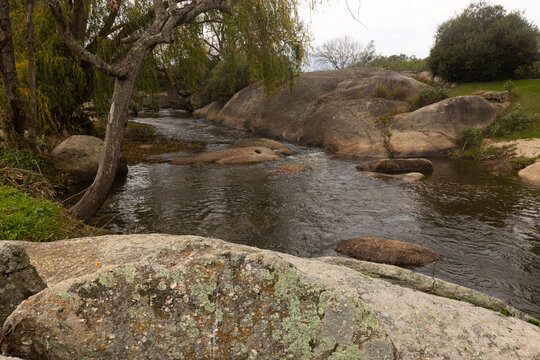 overhead view of boulders and stream