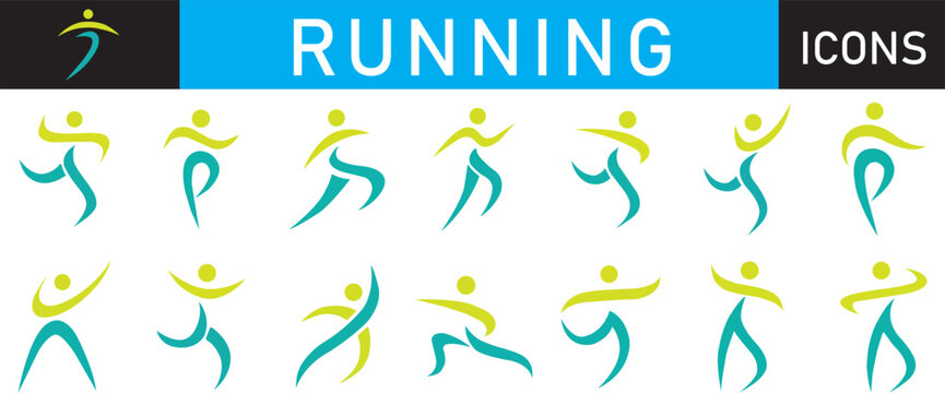 Abstract running icons set with dynamic sports logo elements, ribbon swoosh runners, and fitness silhouettes