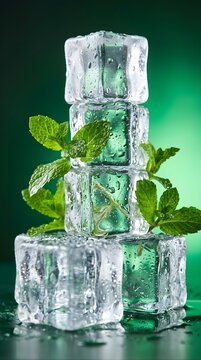 Stacked ice cubes with fresh mint leaves on a green background for a refreshing drink concept with water droplets