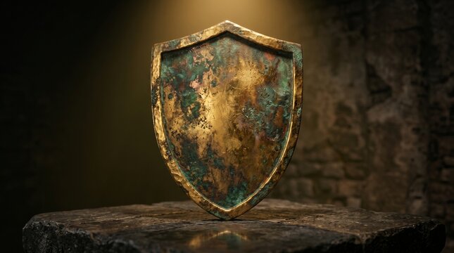 Ancient bronze shield with heavy green patina and weathered gold finish on stone altar.