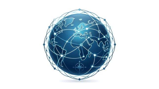 Global network connections on a blue globe with white lines and dots illustrating international communication and travel routes across the world map