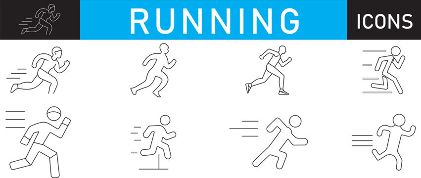 Running line icons set with sprinting athletes, jogging stick figures, and dynamic runner silhouettes