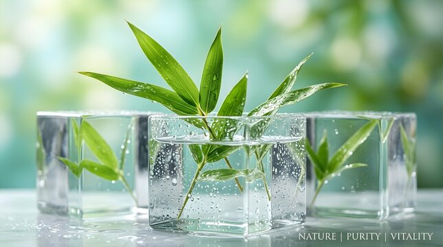 Green leaves in clear glass cubes with water droplets on a reflective surface with a blurred background of green hues and natural light