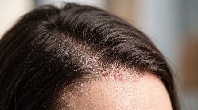 Close-up of dandruff on scalp.