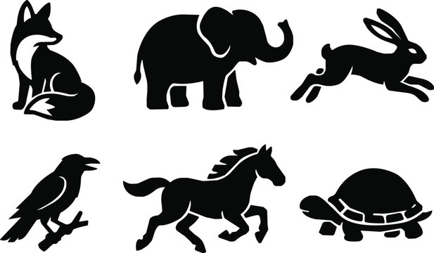 Animal silhouettes set with running horse, jumping rabbit, sitting fox, elephant, raven, and tortoise icons