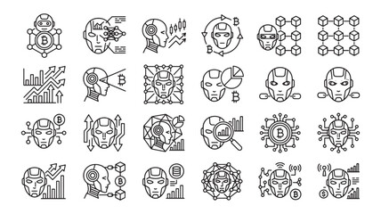 Fototapeta premium Artificial Intelligence Humanoid Robot Face and Cyborg Brain Tech Line Icons Set