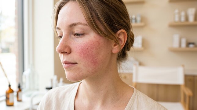 Woman with acne skin care routine.