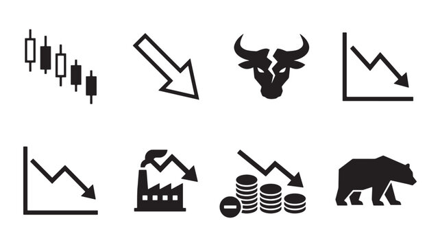 Stock Market Crash and Financial Economic Crisis Solid Silhouette Icons Set