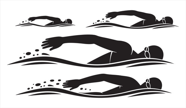 Competitive swimmer vector silhouettes performing freestyle stroke