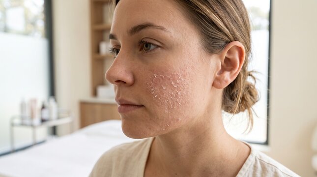 Woman with acne skin condition closeup.