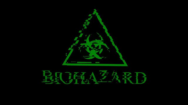Biohazard logo symbol glitch animation 4K UHD.