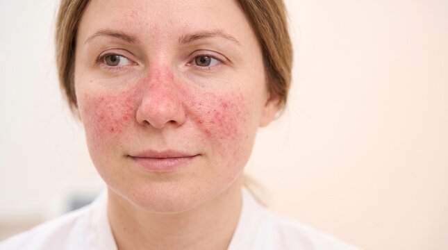 Woman with Rosacea on Face Closeup.