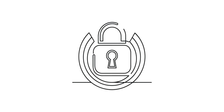 Continuous line drawing of an open padlock with circular security waves.