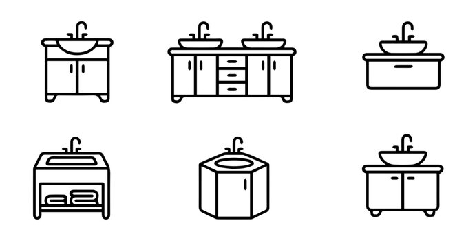 Bathroom sink icons, vector bathroom furniture, sink cabinet illustrations, plumbing fixtures
