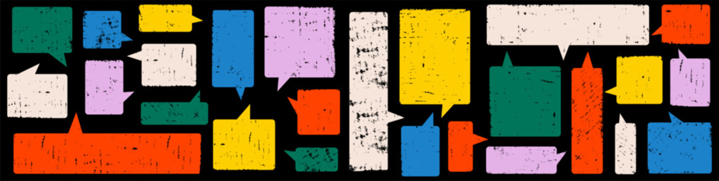 Colorful grunge speech bubbles set. Chalk crayon stamp textured comic chat balloons, empty talk clouds collection for dialogue, fun communication, social media and vibrant designs. Vector isolated