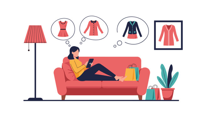 Woman relaxing on a red sofa and using a tablet to browse a clothing store with shopping bags and fashion choices in thought bubbles.