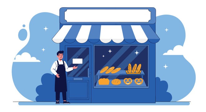 Friendly baker in apron standing outside a charming blue bakery shop filled with fresh bread and pretzels on display.