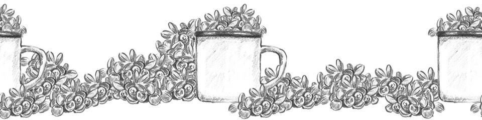 Seamless horizontal border with enamel mugs filled with cranberries and loose cranberry clusters with leaves. Great for autumn tea packaging, berry recipe borders, and cozy kitchen textile designs. © Margarita