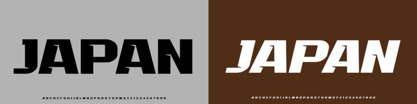 Japan font and italic, narrow alphabet, stretched letters and numbers, vector illustration 10EPS	