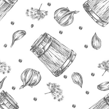 Seamless pattern with oak barrel, dill, garlic cloves, and peppercorns. Ideal for bold kitchen textile prints, rustic menu backgrounds, and organic food packaging.