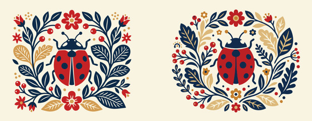 Set of minimalist flat vector illustrations featuring a red ladybug insect surrounded by symmetrical botanical vines and flowers in a modern folk art linocut style. © GraphicGalaxy