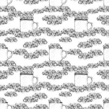Seamless repeating pattern with enamel mugs filled with blueberries and wavy clusters. Great for summer fruit labels, smoothie recipe textiles, and kitchen wallpaper.