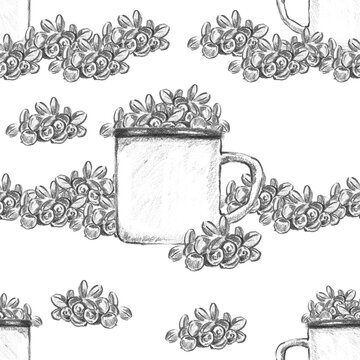 Seamless pattern featuring an enamel mug filled with cranberries and loose berry clusters. Perfect for bold kitchen wallpaper, berry recipe prints, and organic food packaging.