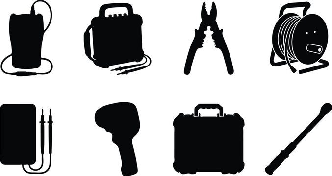 Electrical Testing Tools Silhouette Icon Set with Multimeter Probe Clamp Meter and Cable Reel