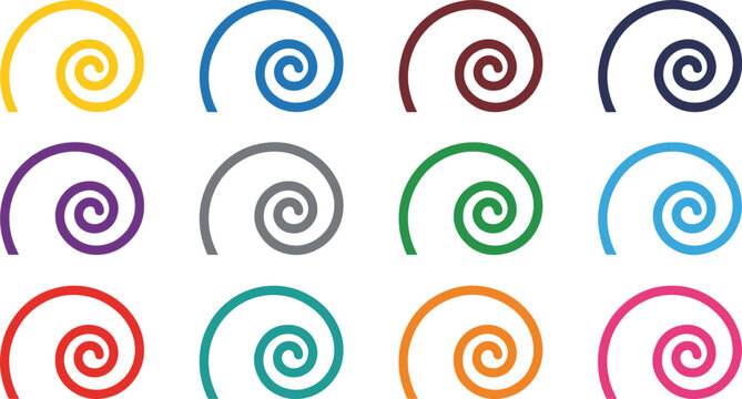 Collection of colorful spiral icons in various colors