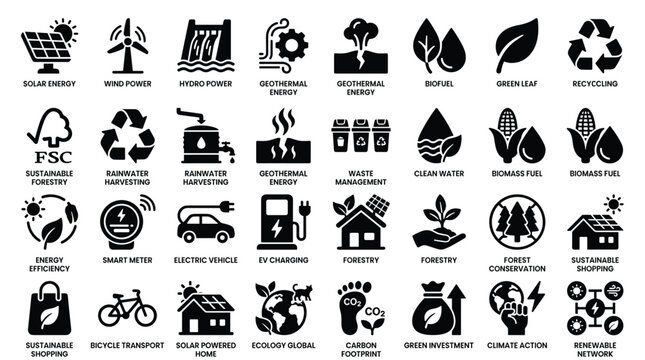 Collection of ecological green energy icons in solid black style representing sustainable environmental practices power sources climate change mitigation and renewable resource management solutions.