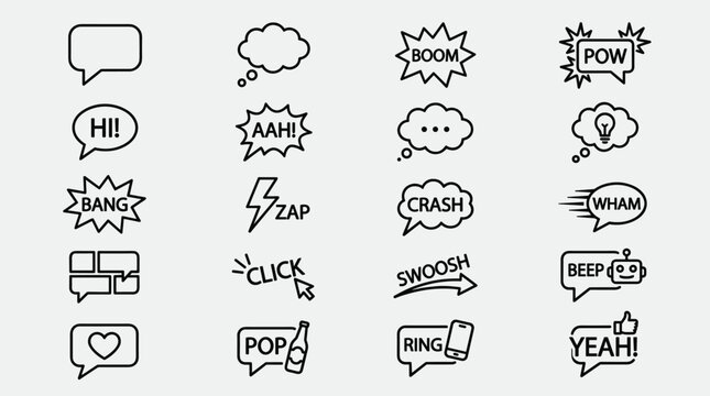 Speech bubble and sound effect icons: speech bubble, thought bubble, boom, pow, hi, aah, boom cloud, wham, bang, zap, crash, swoosh, beep, pop, ring, yeah, lightbulb idea.