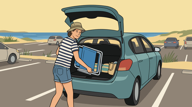 vector cartoon person loading folded beach chair into car trunk for sunny vacation trip