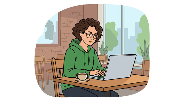 vector cartoon software developer typing code on laptop at modern tech company office workspace