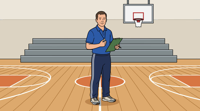 vector cartoon teacher holding whistle on outdoor sports court ready for physical education class