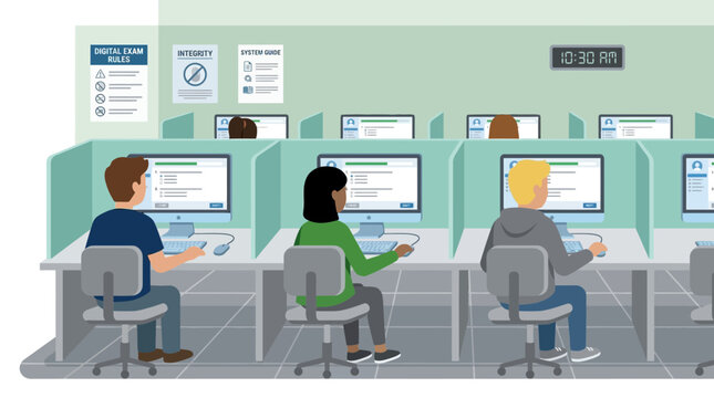 Diverse students sitting in cubicles taking online tests in a computer laboratory