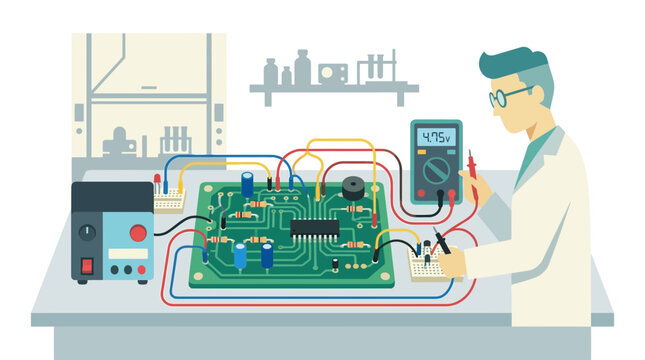 Electronics engineer testing a circuit board with multimeter in laboratory