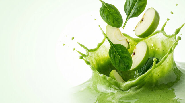 Bright green smoothie splash with spinach and apple on clean background