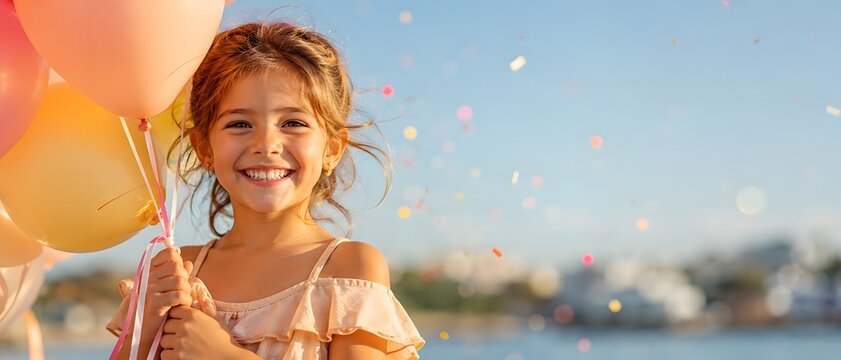 Happy female child holding colorful bunch of balloons outdoor. Little girl celebrating birthday with party confetti. Joyful childhood laughter and summer festive holiday event concept.