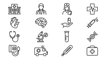 Fototapeta premium A collection of various medical and healthcare related line art icons on a white background