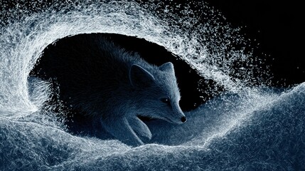 Naklejka premium An arctic fox makes a dive into a snowbank to catch its prey, creating a trail of snow particles in a dark scene.