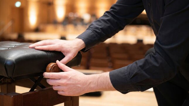 Musician adjusting the wooden knob of a black leather piano bench in a concert hall