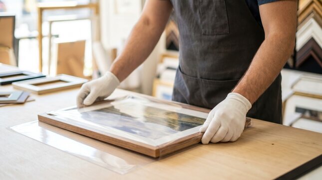 Framer wearing white gloves folding protective plastic wrap over a framed landscape photograph