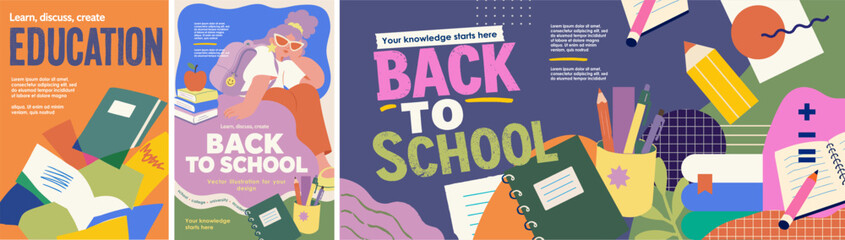 Fototapeta premium Back to school. Education. Modern vector abstract illustrations of a stylish schoolgirl in college or a student with a backpack, notebook, pencil, and stationery for a background, poster or banner.