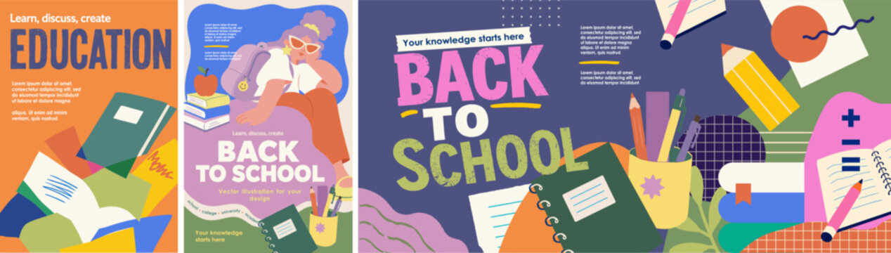Back to school. Education. Modern vector abstract illustrations of a stylish schoolgirl in college or a student with a backpack, notebook, pencil, and stationery for a  background, poster or banner.