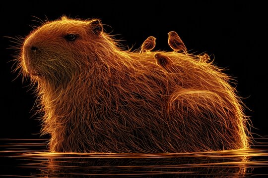 Capybara rests in water with small birds perched on its back showcasing a moment of companionship in a vibrant illustration at night.