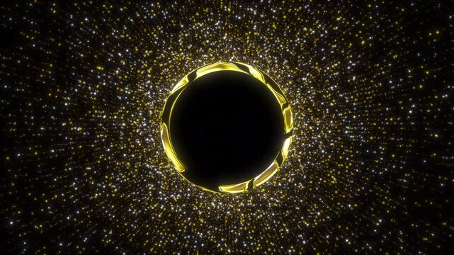 Golden circle border with exploding dynamic particle rays and lines on transparent background.