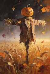 Fototapeta premium Scarecrow with pumpkin head wearing rustic jacket on wooden pole in autumn field for halloween farm harvest decor