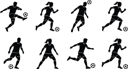 Black silhouettes of soccer players kicking ball © SHOFIQUL
